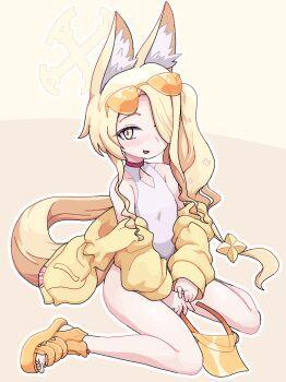 1girl animal_ear_fluff animal_ears bare_shoulders blonde_hair blue_archive blush bright_pupils cleavage_cutout clothing_cutout collarbone eyewear_on_head female_focus flat_chest flower fox_ears fox_girl fox_tail full_body hair_flower hair_ornament hair_over_one_eye halo happy hat highres holding holding_hat holding_unworn_clothes jacket jaggy_lines long_hair long_sleeves looking_at_viewer neamosub nose_blush off_shoulder one-piece_swimsuit one_eye_covered open_mouth orange-tinted_eyewear orange_hat orange_sandals outline own_hands_together pocket sandals seia_(blue_archive) seia_(swimsuit)_(blue_archive) side_ponytail sidelocks simple_background sitting smile solo sunglasses swimsuit tail tinted_eyewear unworn_hat unworn_headwear visor_cap wariza white_one-piece_swimsuit white_outline white_pupils yellow_background yellow_eyes yellow_halo yellow_jacket yellow_theme