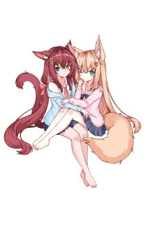 Rule 34 | 2girls, absurdres, animal ears, aqua jacket, blue eyes, blue skirt, brown eyes, brown hair, cat ears, cat girl, cat tail, closed mouth, commentary request, eyebrows hidden by hair, flat chest, fox ears, fox girl, fox tail, from side, full body, hair between eyes, hair ornament, hairclip, hand on another's shoulder, heterochromia, highres, jacket, long hair, looking at viewer, multiple girls, one eye closed, original, pink jacket, red hair, simple background, sitting, sitting on lap, sitting on person, skirt, star-shaped pupils, star (symbol), sticker, sticker on face, symbol-shaped pupils, tail, twintails, very long hair, white background, ze zhi ai