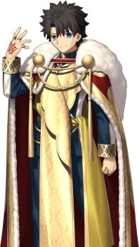 Rule 34 | 1boy, aiguillette, belt, black belt, black hair, blue eyes, blue jacket, blue pants, cape, clenched hand, closed mouth, command spell, cowboy shot, fate/grand order, fate (series), fingernails, fujimaru ritsuka (male), fujimaru ritsuka (male) (imperial robe), fur-trimmed cape, fur trim, gold ring, gold trim, hair between eyes, hand up, jacket, jewelry, long sleeves, looking at viewer, male focus, multicolored jacket, multiple rings, non-web source, official alternate costume, official art, pants, red cape, ring, short hair, simple background, smile, solo, standing, sweatdrop, tabard, transparent background, two-tone jacket, white jacket, yellow tabard