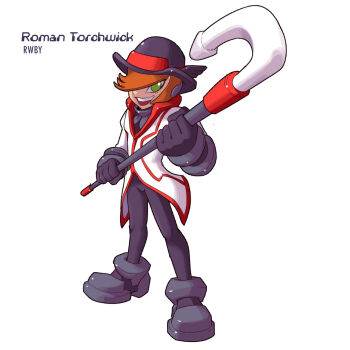 Rule 34 | 2000s (style), android, black hat, black pants, cane, character name, copyright name, full body, green eyes, hat, highres, jacket, karakatodzo, looking at viewer, mechanization, mega man (series), mega man zero (series), nakayama tooru (style), outstretched hand, pants, parody, robot, roman torchwick, rwby, simple background, standing, style parody, tagme, white background, white jacket
