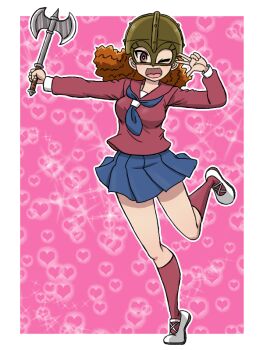 1girl axe birthday blue_neckerchief blue_skirt brown_eyes curly_hair double-sided_axe girls_und_panzer heart heart_background helmet holding holding_axe kebiko_(girls_und_panzer) kneehighs long_hair long_sleeves miniskirt neckerchief one_eye_closed open_mouth orange_hair pink_background pleated_skirt red_eyes red_serafuku red_socks school_uniform serafuku shoes skirt smile socks takahashi_kurage v viking viking_fisheries_school_uniform white_shoes