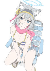 Rule 34 | 1girl, absurdres, alternate costume, alternate hairstyle, bikini, bikini top only, blue archive, blue bikini, blue eyes, blue halo, blush, breasts, bright pupils, cleavage, commentary, cosplay, denim, denim shorts, front-tie top, grey hair, grey shorts, grin, halo, highres, izuna (blue archive), izuna (blue archive) (cosplay), izuna (swimsuit) (blue archive), masabodo, medium breasts, mismatched pupils, navel, on chair, red scarf, sandals, scarf, shiroko (blue archive), short hair, shorts, simple background, sitting, smile, solo, striped bikini, striped clothes, swimsuit, symbol-only commentary, tail, thighs, visor cap, white background, white pupils, wolf girl, wolf tail