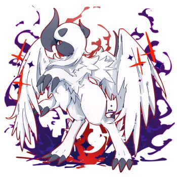 absol animal_focus asymmetrical_horns body_fur bright_pupils claws closed_mouth feathered_wings full_body gen_3_pokemon hair_over_one_eye highres horns looking_at_viewer mane mega_absol mega_pokemon neck_fur nintendo no_humans one_eye_covered pokemon pokemon_(creature) red_eyes simple_background solo sparkle standing uneven_horns uuuuuuumbreon white_background white_fur white_pupils white_wings wings