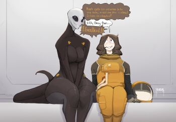 ! !! 2girls alien artist_name bald bodysuit breasts brown_hair cum cum_in_container cum_on_wall devianthorde english_text highres large_breasts long_hair looking_at_another multiple_girls original sitting spacesuit speech_bubble tagme tail thick_thighs thighs wide_hips wide_mouth