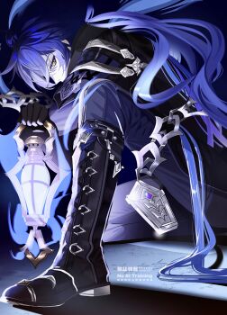 Rule 34 | 1boy, absurdly long hair, absurdres, black boots, black capelet, black coat, black gloves, blue hair, boots, capelet, coat, flins (genshin impact), floating hair, genshin impact, gloves, highres, holding, holding lantern, lantern, long hair, male focus, naru9, pants, parted bangs, solo, very long hair, watermark, yellow eyes