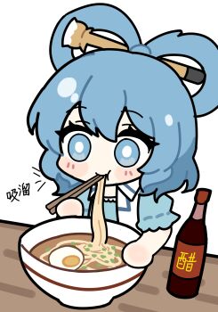 1girl absurdres blue_eyes blue_hair bottle bowl bright_pupils chibi chisel chopsticks commentary_request eating food hair_ornament hair_stick highres kaku_seiga noodles que_si_tian_yu_ze ramen short_sleeves simple_background solo touhou white_background white_pupils