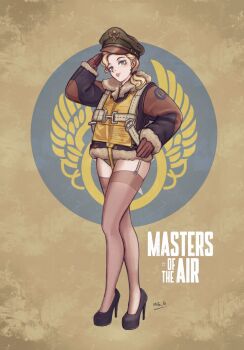 1girl black_shoes brown_gloves brown_jacket brown_thighhighs commentary earrings english_text full_body garter_straps gloves grey_panties hair_over_shoulder hat high_heels highres jacket jewelry life_vest mg_g military_hat no_pants original panties parted_lips ponytail salute shoes signature smile solo thighhighs underwear united_states_air_force