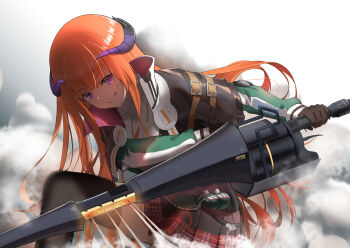 1girl arknights bagpipe_(arknights) black_gloves black_thighhighs commentary explosive gloves grenade grin hand_grenade highres holding holding_lance holding_polearm holding_weapon horns jacket lance long_hair long_sleeves looking_at_viewer miniskirt orange_hair plaid_clothes plaid_skirt polearm purple_eyes red_skirt ri_qing segmented_horns skirt smile solo thighhighs weapon
