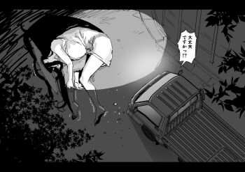 1girl barefoot black_hair breasts car_crash commentary_request damaged debris dress from_above greyscale hasshaku-sama hat headlight_beam highres huge_breasts kei_truck leaf monochrome motor_vehicle night original outdoors pain partial_commentary pickup_truck road sashizume_soutarou speech_bubble sun_hat tall_female translated tree trembling truck white_dress