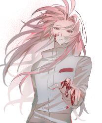 Rule 34 | 1705 du, 1boy, absurdres, antenna hair, blood, blood on hands, chinese commentary, closed mouth, commentary request, floating hair, frown, hatsutori hajime, highres, long hair, long sleeves, male focus, outstretched hand, parted bangs, pink hair, red eyes, saibou shinkyoku, shirt, solo, upper body, white background, white shirt
