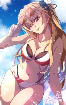 Rule 34 | 1girl, alisa reinford, bikini, blonde hair, breasts, cleavage, dated, eiyuu densetsu, eyewear on head, feather hair ornament, feathers, hair between eyes, hair ornament, hajimari no kiseki, highres, large breasts, long hair, long sidelocks, looking at viewer, navel, one eye closed, red eyes, sen no kiseki (series), sidelocks, signature, smile, solo, stomach, sunglasses, swimsuit, tinybiard, tongue, tongue out, twitter username