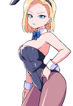 Rule 34 | 1girl, android 18, animal ear hairband, animal ears, aqua eyes, bare shoulders, black hairband, black leotard, blonde hair, blue bow, blue bowtie, bow, bowtie, breasts, brown pantyhose, cleavage, cowboy shot, detached collar, dragon ball, dragonball z, earrings, fake animal ears, furrowed brow, hairband, hand on own hip, highres, hoop earrings, ikaringo (ikaringo4444), jewelry, leotard, medium breasts, pantyhose, parted lips, playboy bunny, rabbit ears, rabbit tail, short hair, sideboob, solo, strapless, strapless leotard, swept bangs, tail, white background, white wrist cuffs, wrist cuffs