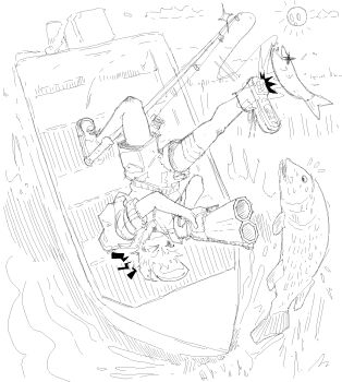 >_@ 1girl aiming arched_back bandaged_leg bandages baseball_cap boat boots closed_mouth cloud commentary double-barreled_shotgun english_commentary fish fisherman fishing fishing_line fishing_rod flying_sweatdrops from_above greyscale gun hat highres holding holding_gun holding_weapon imax_3d jacket jaggy_lines jumping kicking knee_up lace-up_boots leg_up looking_at_animal lying monochrome motor_vehicle notice_lines on_back on_boat original reflection reflective_liquid ripples short_hair shorts shotgun sketch sleeves_rolled_up smile solo splashing sun_with_face tomboy water watercraft weapon white_background x_x