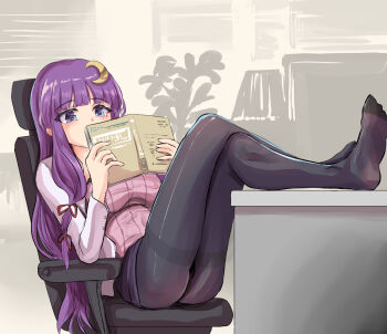 Rule 34 | 1girl, alternate costume, black pantyhose, blue eyes, book, breasts, chair, commentary request, crescent, crescent hair ornament, crossed legs, feet on table, hair ornament, hair ribbon, holding, holding book, jacket, large breasts, long hair, long sleeves, namiki (remiter00), no headwear, on chair, open book, open clothes, open jacket, pantyhose, patchouli knowledge, purple hair, purple skirt, reading, red ribbon, ribbon, sitting, skirt, thighband pantyhose, touhou, very long hair, white jacket