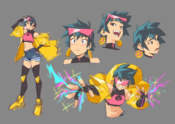 1girl artist_name black_gloves black_hair black_thighhighs blowing_bubble_gum blue_shorts blush chewing_gum commentary earrings elbow_gloves english_commentary eyewear_on_head fingerless_gloves full_body glasses gloves grey_background grin hand_on_own_hip highres jacket jewelry jubilee magic marvel midriff mikkusushi multiple_views navel open_mouth pink-tinted_eyewear shoes shorts simple_background smile solo superhero_costume sweat thighhighs tinted_eyewear x-men yellow_jacket yellow_shoes