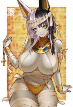 1girl absurdres alternate_costume ancient_egyptian_clothes animal_ears ankh bandaged_arm bandaged_head bandaged_leg bandaged_stomach bandages bikini black_hair blunt_bangs blurry blurry_background border bracelet breasts cleavage closed_mouth colored_skin commentary gold_armband gold_bracelet grey_hair highres holding holding_jewelry holding_necklace hololive hololive_english jewelry kemonomimi_mode large_breasts lips long_sidelocks looking_at_viewer medium_hair muhammaddeny multicolored_hair mummy_costume navel necklace outside_border pale_skin shiori_novella sidelocks signature sitting sling_bikini_top solo split-color_hair swimsuit usekh_collar vgen_username virtual_youtuber white_border yellow_bikini yellow_eyes