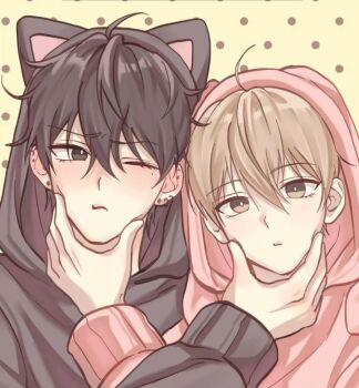 animal_ears black_hair black_hoodie earrings hood hoodie jewelry my_guildmate_next_door n.e.k.o non-web_source one_eye_closed pink_hoodie yoon_jigu_(mgnd)