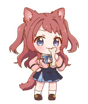 1girl :3 animal_ears blue_bow blue_bowtie blue_eyes blue_skirt blush bone bow bowtie brown_footwear brown_hair chibi dog_ears dog_girl dog_tail dot_nose full_body gakuen_idolmaster hanami_saki hand_on_own_hip hand_up hatsuboshi_gakuen_school_uniform holding holding_bone hutaba idolmaster jacket long_hair long_sleeves looking_at_viewer pink_jacket pleated_skirt school_uniform sidelocks skirt smile socks solo tail twintails white_background white_socks