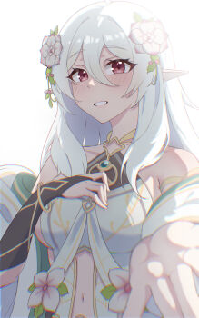 1girl aged_up bangle bare_shoulders blush bracelet breasts clothing_cutout commentary_request dress elf flower gloves hair_flower hair_ornament hand_on_own_chest highres jewelry kokkoro_(princess_connect!) kokkoro_(young_guide)_(princess_connect!) long_hair looking_at_viewer medium_breasts navel outstretched_hand pointy_ears princess_connect! reaching reaching_towards_viewer sideboob smile solo stomach_cutout upper_body white_dress white_flower white_hair zc007