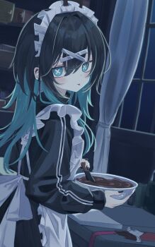 Rule 34 | absurdres, apron, aqua hair, black hair, bowl, chocolate, commentary, cooking, cross-shaped pupils, cross piercing, curtains, double-parted bangs, frilled apron, frilled headwear, frills, green hair, hair between eyes, hair intakes, hair ornament, highres, holding, holding bowl, holding spoon, jacket, jersey maid, long hair, maid, maid apron, maid headdress, mixing bowl, multicolored hair, original, sidelocks, spoon, stirring, su ha ya, symbol-shaped pupils, tongue, tongue out, track jacket, turning head, turtleneck, two-tone hair, unconventional maid, untranslatable commentary, window, x hair ornament, yayo (su ha ya)