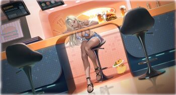 1girl absurdres alcohol atelier_(series) atelier_yumia azur_lane baby_animal bare_arms bare_shoulders beer beer_mug bikini bikini_top_only bird blonde_hair blue_bikini blue_shorts braid breasts burger ceiling_light chair chick cleavage closed_mouth collarbone counter cup cutoffs dark-skinned_female dark_skin denim denim_shorts drink drinking_glass ear_piercing earrings fast_food feet fingernails food front-tie_bikini_top front-tie_top full_body gyaru hair_between_eyes halterneck hanging_breasts high_heels highres indoors jewelry large_breasts leaning_forward legs lips long_hair looking_at_viewer manjuu_(azur_lane) menu_board mole mole_on_breast mug nail_polish navel nina_friede nina_friede_(cafe_&amp;_diner_mode) no_shirt non-web_source official_alternate_costume official_art on_chair open-toe_shoes piercing purple_eyes reflection reflective_floor restaurant sandals short_shorts shorts single_hair_intake sitting skindentation smile solo stomach stool swimsuit table thighs tiles toenail_polish toenails toes white_bikini