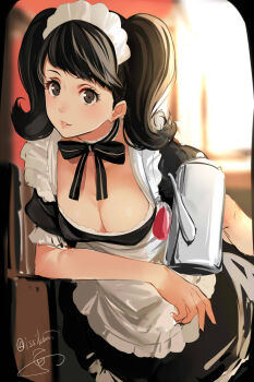 10s 1girl apron arm_support black_bow black_hair blurry blurry_background blush bow breasts brown_eyes cleavage coffee_pot depth_of_field dress eyelashes female_focus frills highres holding indoors isshiki_(ffmania7) kawakami_sadayo leaning_forward lips looking_at_viewer maid maid_apron maid_headdress medium_breasts neck_ribbon parted_lips persona persona_5 puffy_short_sleeves puffy_sleeves ribbon short_sleeves signature smile solo swept_bangs twintails twitter_username