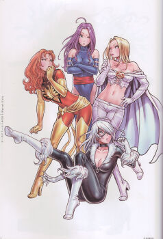 4girls :o ;p absurdres ahoge animification bare_shoulders bent_over bird black_cat_(marvel) blonde_hair blue_eyes blue_gloves blue_legwear blue_leotard blush bodysuit boots breasts cape choker claws cleavage corset covered_navel covering_own_mouth crop_top cross-laced_clothes crossed_arms crossover dark_phoenix domino_mask elbow_gloves emma_frost eye_contact eye_mask felicia_hardy full_body fur_trim gloves hair_over_one_eye hand_on_own_hip hand_over_own_mouth high_heels highres jean_grey knee_boots kotobukiya_bishoujo large_breasts leg_lift leg_up leotard long_hair looking_at_another marvel mask midriff multiple_girls navel ninja non-web_source off_shoulder one_eye_closed open_mouth orange_eyes orange_hair pants parted_lips phoenix psylocke purple_hair sarong sash simple_background sitting skin_tight spider-man_(series) standing standing_on_one_leg superhero_costume thigh_boots thighhighs tongue tongue_out turtleneck white_background white_gloves white_hair white_legwear x-men yamashita_shun&#039;ya yellow_boots yellow_gloves yellow_legwear zipper
