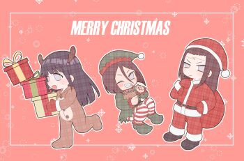 1boy 2girls :d ;d animal_costume bag black_hair box brown_hair candy candy_cane chibi chibi_only cousins dress fake_antlers food full_body gift gift_box green_dress green_hat hair_between_eyes hat highres holding holding_bag holding_box holding_gift holding_sack hyuuga_hanabi hyuuga_hinata hyuuga_neji jacket jukyhyu long_hair long_sleeves looking_at_viewer merry_christmas mittens multiple_girls naruto_(series) naruto_shippuuden no_pupils one_eye_closed open_mouth pants purple_eyes red_hat red_jacket red_mittens red_pants reindeer_costume sack santa_costume santa_hat short_hair siblings sisters smile teeth