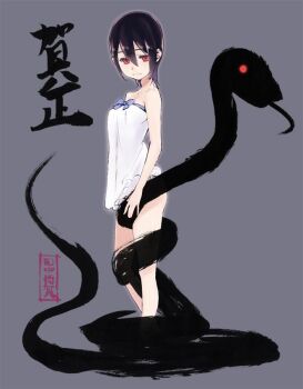 1girl bare_shoulders black_hair breasts chinese_zodiac commentary_request light_smile looking_at_viewer new_year original red_eyes short_hair sketch small_breasts snake solo strapless tanaka_masayoshi year_of_the_snake