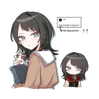 Rule 34 | 1girl, at 09098, bang dream!, bang dream! it's mygo!!!!!, black hair, blue eyes, blush, capelet, closed mouth, commentary request, drink carton, drinking straw, hand up, highres, holding drink carton, korean commentary, long hair, medium hair, red capelet, request inset, sailor collar, simple background, timoris (bang dream!), white background, white sailor collar, yahata umiri