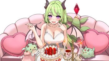 Rule 34 | 1girl, absurdres, azuki (azuki azukki), bare arms, bare shoulders, cake, candle, collarbone, commentary request, commission, copyright request, couch, crystal, cup, dragon girl, dragon horns, dragon tail, dragon wings, dress, fire, food, fork, frilled pillow, frills, fruit, gradient hair, green hair, hands up, heart, heart-shaped pillow, highres, holding, holding fork, horns, knife, long hair, looking at viewer, multicolored hair, nail polish, pillow, pink nails, pink wings, pixiv commission, purple eyes, purple hair, saucer, simple background, sleeveless, sleeveless dress, solo, strawberry, streaked hair, tail, teacup, very long hair, white background, white dress, wings