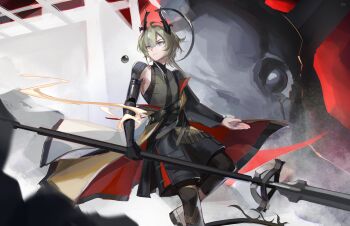 1boy absurdres arknights arknights:_endfield black_horns black_shorts blonde_hair boots closed_mouth commentary foot_out_of_frame grey_eyes hair_between_eyes halo highres holding holding_polearm holding_weapon horns lifeng_(arknights) looking_to_the_side making-of_available phyriaxi polearm prosthesis prosthetic_arm short_hair shorts solo weapon white_boots