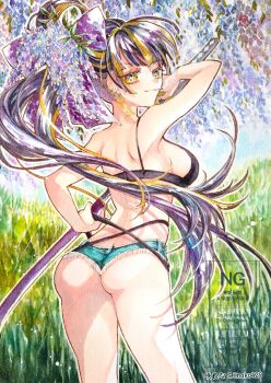 Rule 34 | 1girl, aqua shorts, ass, black hair, black shirt, blonde hair, blue hair, breasts, closed mouth, commentary request, crop top, denim, denim shorts, eyelashes, flower, himeithigo, holding, holding sword, holding weapon, katana, long hair, looking back, multicolored hair, original, outline, painting (medium), ponytail, shirt, short shorts, shorts, smile, solo, sword, traditional media, undercut, watercolor (medium), watermark, weapon, white outline, wisteria, yellow eyes