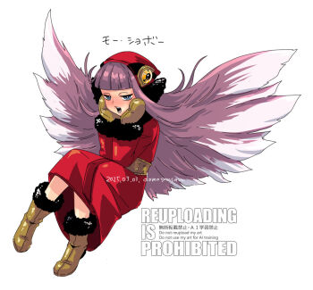 1girl artist_name blue_eyes blush boots brown_boots coat commentary_request dated demon_(megami_tensei) devil_summoner:_soul_hackers devil_summoner_(series) full_body fur-trimmed_boots fur-trimmed_coat fur_trim long_hair megami_tensei mittens muu_shuwuu_(megami_tensei) open_mouth purple_hair red_coat shinabita_nasubi simple_background solo translation_request watermark white_background wings yellow_mittens