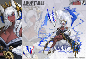 1girl 2020 adoptable allosauc animal_ear_fluff animal_ears artist_name bare_legs bare_shoulders black_kimono black_sleeves blue_eyeshadow breasts close-up collarbone colored_sclera colored_smoke colored_tips commentary cowboy_shot crossed_legs dark-skinned_female dark_skin deviantart_username english_commentary english_text eyeliner eyeshadow fox_ears fox_tail frilled_thigh_strap full_body fur_shawl glowing glowing_eyes gold_footwear gold_headwear gold_trim gradient_background grey_background hair_over_shoulder high_heels highres holding holding_smoking_pipe huge_breasts japanese_clothes kimono kitsune light_blush long_sleeves looking_at_viewer low_neckline makeup multicolored_hair multiple_tails multiple_views off_shoulder open_mouth original polka_dot polka_dot_background ponytail projected_inset red_eyes red_sclera reference_sheet seven_deadly_sins shawl short_kimono simple_background sitting smirk smoke smoking_pipe socks tail thigh_strap tiara traditional_youkai triangle_background white_hair white_shawl white_socks wide_sleeves
