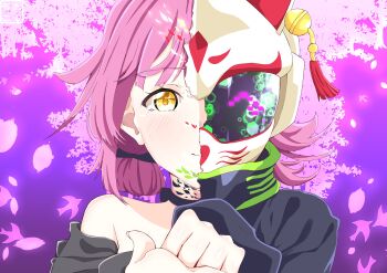 1girl a.l.a.n_(love_live!) absurdres black_dress cat_mask closed_mouth commentary_request dress highres looking_at_viewer love_live! love_live!_nijigasaki_high_school_idol_club love_live!_nijigasaki_high_school_idol_club_the_movie_-_finale mask medium_hair off-shoulder_dress off_shoulder oshiruko_kizoku pink_hair portrait purple_background single_bare_shoulder smile solo spoilers stay_(love_live!) tassel tennoji_rina yellow_eyes