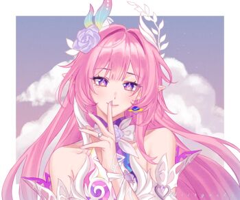 1girl bare_shoulders border breasts cloud cyrene_(honkai:_star_rail) cyrene_(ripples_of_past_reverie)_(honkai:_star_rail) diamond-shaped_pupils diamond_(shape) dress earrings flower hair_flower hair_ornament hashtag-only_commentary highres honkai:_star_rail honkai_(series) jewelry large_breasts long_hair looking_at_viewer multicolored_hair pink_hair pointy_ears purple_eyes purple_sky sky solo symbol-shaped_pupils two-tone_hair upper_body velvetbl0ssoms very_long_hair white_border white_dress white_hair