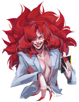 Rule 34 | big hair, breasts, crazy grin, devilman, devilman crybaby, fingernails, highres, jacket, kanda3egle, lipstick, makeup, medium breasts, psycho jenny, red hair, red lips, red nails, sharp fingernails, upper body, white jacket