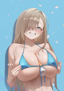 1girl absurdres asuna_(blue_archive) between_breasts bikini blonde_hair blue_archive blue_background blue_bikini blue_eyes breasts collarbone commentary commentary_request daehoak english_commentary grabbing_own_breast hair_over_one_eye highres large_breasts long_hair lotion mixed-language_commentary navel no_halo simple_background smile solo sunscreen swimsuit upper_body