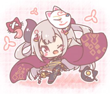 Rule 34 | 1girl, ;d, black dress, black pantyhose, chibi, china dress, chinese clothes, colored shadow, commentary request, dress, fang, fox mask, fried egg, grey hair, head tilt, highres, horns, long hair, long sleeves, looking at viewer, mask, mask on head, mitarashi neko, naraka (1st costume) (nijisanji), naraka (nijisanji), nijisanji, one eye closed, open mouth, pantyhose, pelvic curtain, pointy ears, purple eyes, shadow, smile, solo, very long hair, virtual youtuber, wide sleeves