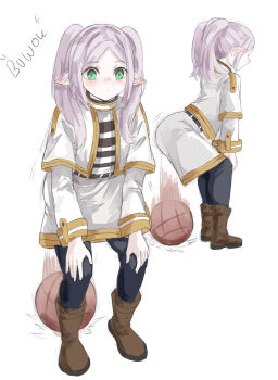 1girl absurdres ball basketball_(object) black_pantyhose bouncing brown_footwear capelet frieren green_eyes grey_hair highres multiple_views nui_gurumi pantyhose shirt skirt sousou_no_frieren striped_clothes striped_shirt twintails white_background white_capelet white_skirt