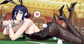 1girl absurdres animal_ear_hairband animal_ears ass ball billiard_ball black_hair black_leotard blush breasts chainsaw_man commentary cup detached_collar drinking_glass fake_animal_ears fake_tail fishnet_pantyhose fishnets floral_print floral_print_pantyhose green_eyes haerge hair_bun hairband heart high-waist_pantyhose high_heels highleg highleg_leotard highres hooked_on_heel lace lace_pantyhose lace_pantyhose_hooked_on_heel_(meme) large_breasts leotard meme necktie on_table pantyhose pantyhose_tug playboy_bunny pool_table print_pantyhose rabbit_ear_hairband rabbit_ears rabbit_tail reze_(chainsaw_man) strapless strapless_leotard table tail wine_glass wrist_cuffs