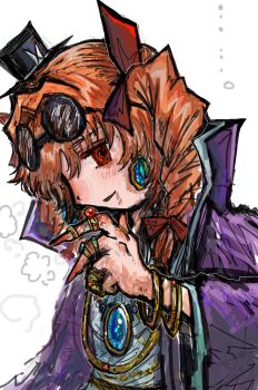 coat dade_ne drill_hair fingernails from_side highres long_fingernails orange_hair purple_coat red_eyes round_eyewear sunglasses touhou twin_drills twintails white_background yorigami_jo&#039;on