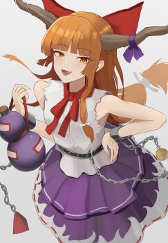 Rule 34 | 1girl, absurdres, bare shoulders, belt, bow, bowtie, brown horns, chain, commentary, cube, cuffs, fang, fingernails, gourd, hair bow, hand on own hip, highres, holding, holding gourd, horn ornament, horns, ibuki suika, klottinen, long hair, long sidelocks, looking at viewer, low-tied long hair, oni, open mouth, orange eyes, orange hair, orb, purple bow, purple skirt, pyramid (geometry), red bow, red bowtie, ribbon-trimmed skirt, ribbon trim, shirt, sidelocks, simple background, skirt, sleeveless, sleeveless shirt, solo, standing, teeth, touhou, very long hair, white background, white shirt, wrist cuffs