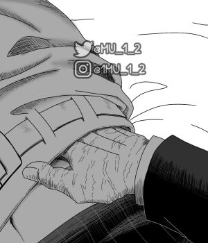 1boy 1girl belt boku_no_hero_academia commentary english_commentary greyscale hand_focus hand_under_clothes hand_under_skirt hetero instagram_username midoriya_izuku monochrome mu_1_2 navel ribbed_shirt scar scar_on_hand shirt skirt twitter_username uraraka_ochako watermark