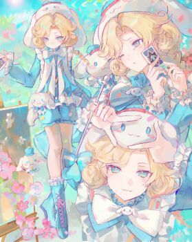 1boy :3 absurdres androgynous bishounen blonde_hair blue_boots blue_bow blue_bowtie blue_eyes blue_shirt blush boots bow bowtie braid character_hat character_ornament cinnamoroll curly_hair flower frilled_sleeves frills full_body fuwa_fuwa_cinnamoroll hair_intakes highres identity_v joseph_desaulniers joseph_desaulniers_(dreamy_cinnamoroll) male_focus multiple_views official_alternate_costume one_eye_closed ouji_fashion pink_flower puffy_shorts puffy_sleeves sanrio shirt shorts single_braid tearing_up xiaomianduoshao