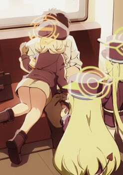 Rule 34 | 1boy, 3girls, absurdres, aoba (blue archive), armband, ass, black boots, black hair, black hat, black jacket, black tail, blonde hair, blue archive, boots, brown gloves, chinese commentary, commentary request, demon girl, demon tail, from behind, gloves, green hair, green halo, halo, hand on another's shoulder, hat, hetero, highres, hikari (blue archive), implied kiss, jacket, leaning forward, long hair, long sleeves, meng yin, multiple girls, nozomi (blue archive), orange halo, peaked cap, pointy ears, sensei (blue archive), shirt, shoe soles, siblings, sisters, sitting, skirt, tail, train interior, twins, twintails, very long hair, white gloves, white shirt, yellow armband