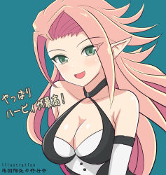 Rule 34 | 1girl, bare shoulders, blue background, blush, breasts, cleavage, commentary request, duel monster, green eyes, harpie conductor, highres, large breasts, long hair, open mouth, pink hair, pointy ears, solo, swept bangs, translation request, usuba kagerou (shougyouchu), yu-gi-oh!