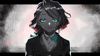 Rule 34 | 1boy, aegyo sal, aqua eyes, asymmetrical bangs, black jacket, buttons, colored tears, colored tips, commentary request, demon boy, derivative work, enmu (kimetsu no yaiba), facial mark, floating hair, glowing, glowing eyes, grey background, greyscale, jacket, kimetsu no yaiba, letterboxed, long sleeves, looking at viewer, male focus, medium hair, monochrome, multicolored hair, outside border, parted lips, portrait, sainetsu shita, single tear, smile, solo, spot color, straight-on, symbol-shaped pupils, tears facial mark, trap, undershirt, variant set, veins, veiny face