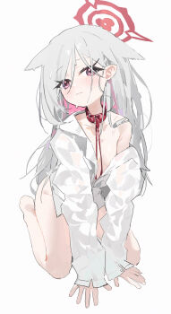 1girl all_fours alternate_costume animal_collar animal_ears bare_legs barefoot belt_collar blue_archive blush borrowed_clothes cat_ears closed_mouth collar collarbone collared_shirt flat_chest grey_hair hair_between_eyes hair_over_shoulder halo highres kemonomimi_mode leash loli long_eyelashes long_hair long_sleeves looking_at_viewer measho mutsuki_(blue_archive) off_shoulder open_clothes open_shirt oversized_clothes pink_eyes pointy_ears red_collar red_halo shirt simple_background single_bare_shoulder sleeve_cuffs sleeves_past_wrists solo sweat thighs very_long_hair white_background